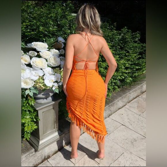 Shein Orange Crinkled Crochet Fringe Two-Piece Skirt Set Size Small - Picture 3 of 10